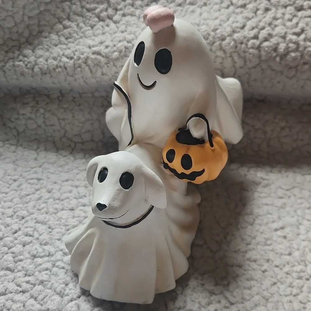 Halloween, Ghost With Pink Bow And Walking Ghost Dog W Pumpkin Figurine Pumpkin